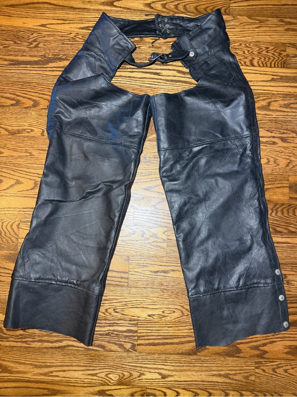 Great Black Leather Motorcycle Biker Chaps Pants Men Size L Diamond Plate